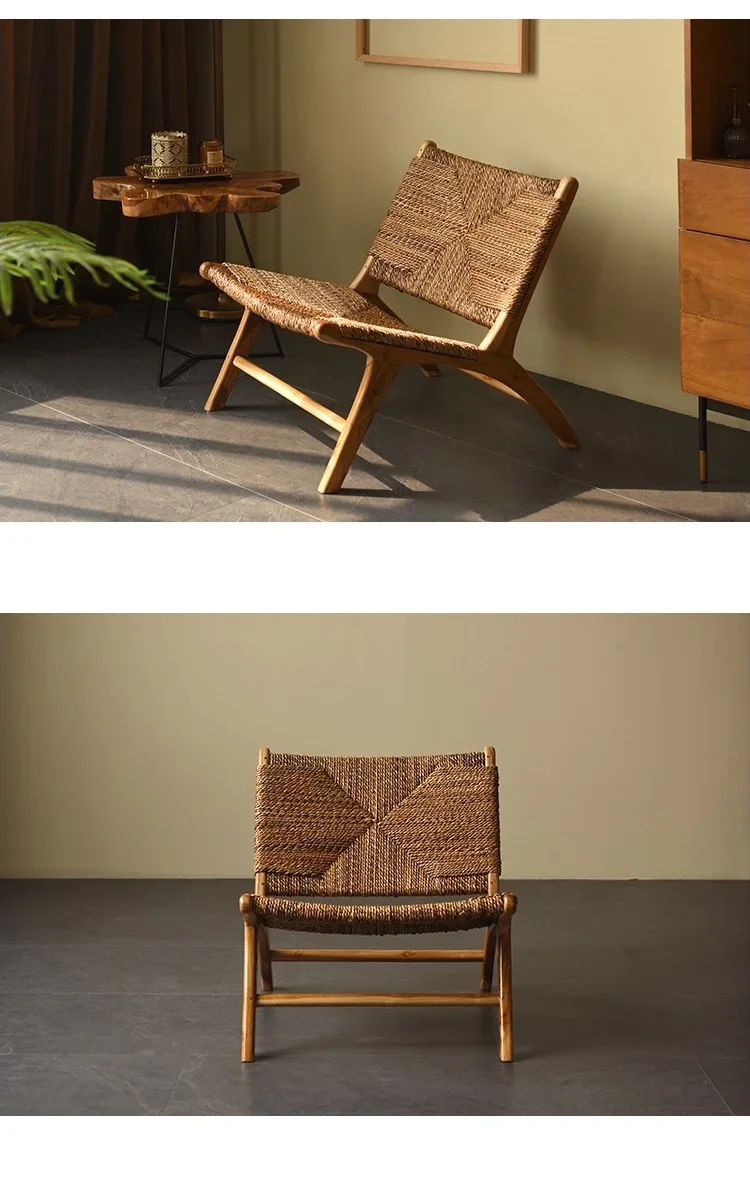 Retro Rattan Single Sofa Chair Modern Leisure Solid Wood Backrest Balcony B&B Log Wabi-sabi Style Living Room Leisure Chair 2024