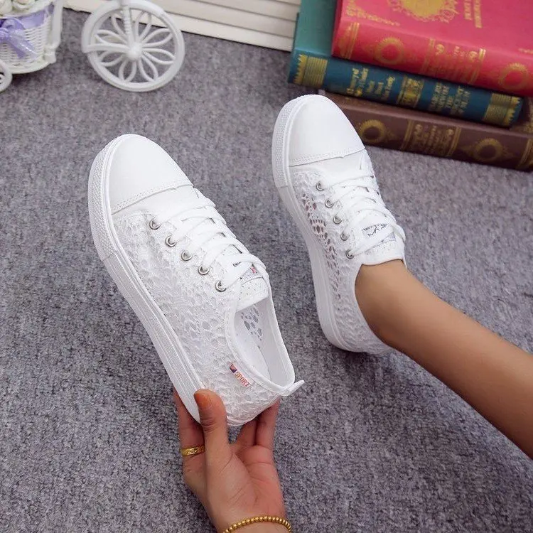 Women Shoes 2023 Fashion Summer Casual White Shoes Cutouts Lace Canvas Hollow Breathable Platform Flat Shoes Woman Sneakers 5