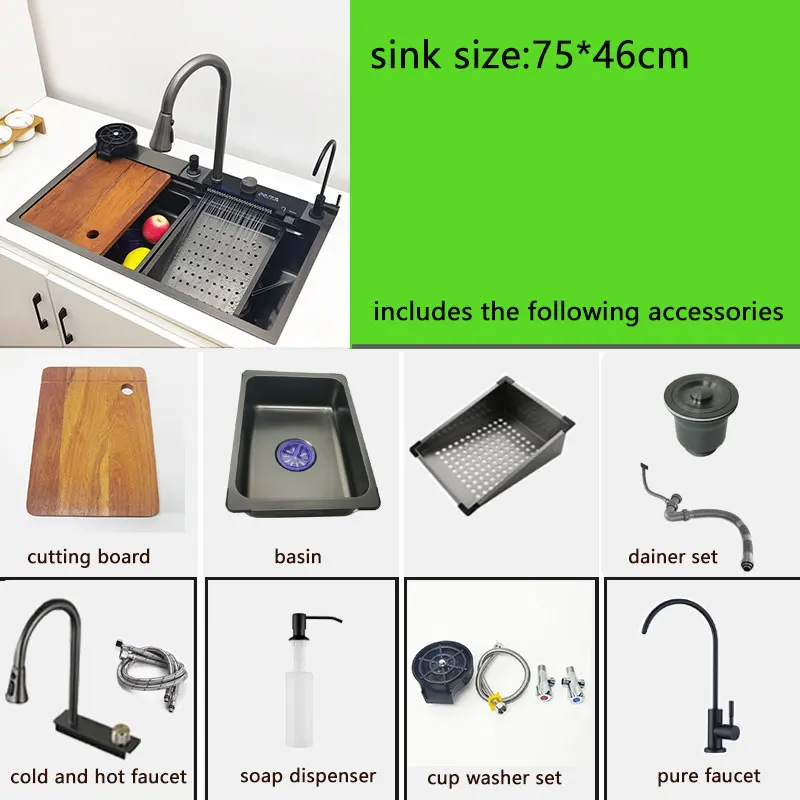 LED Waterfall Kitchen Sink 304 Stainless Steel Sink Large Single Basin With Multifunction Waterfall Faucet Above Counter