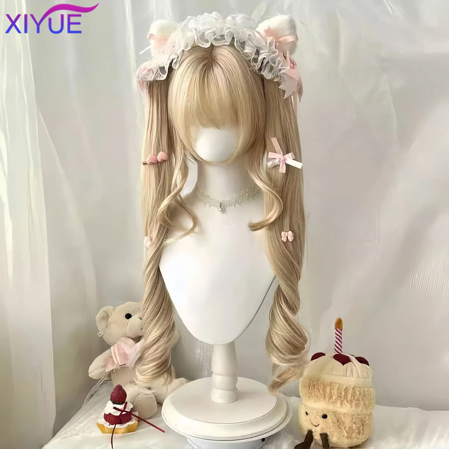 Blonde Twin Ponytail Princess Cut Natural Short Hair Synthetic Wigs With Bangs For Women Heat Resistant Cosplay Lolita Hair