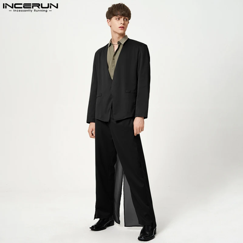 INCERUN 2023 American Style Men's Solid Sets Fashion Deep V Collarless Suits Wide Leg Stitch Thin Mesh Long Pants Two-piece Sets
