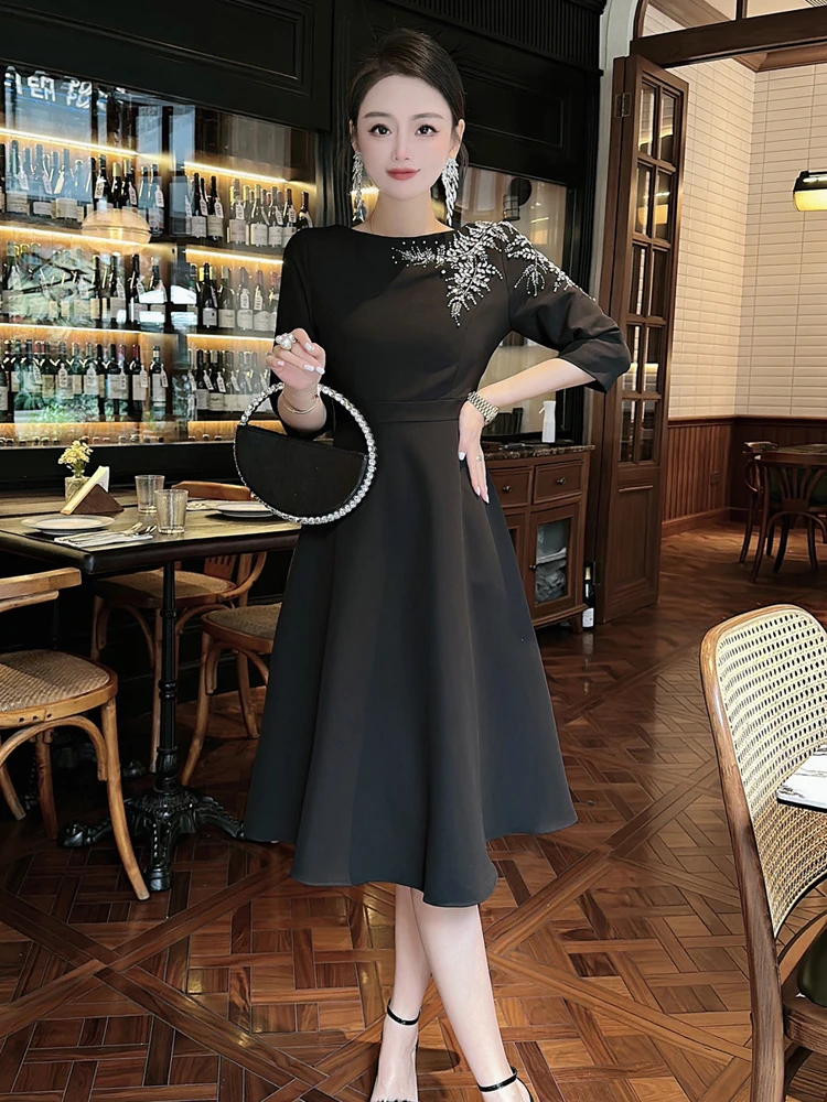 Summer Black Dresses For Women 2022 Womens Short Sleeve Elegant A-Line  Party Wedding Guest Swing Dress