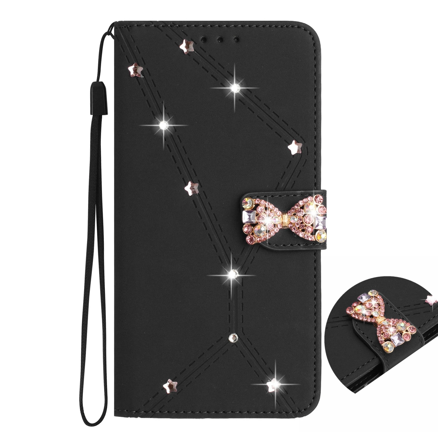 Luxury Rhinestone Wallet Case with Bow - Leather Flip Cover with 3 Card Slots and Anti-Drop Protection