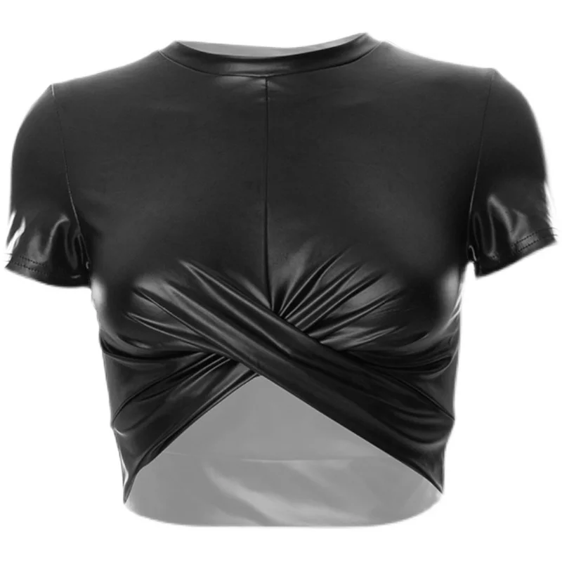 

Women's European and American round Neck Wrapped Chest Exposed Navel Versatile Short Sleeve Slim Fit Put Shirt Top Short