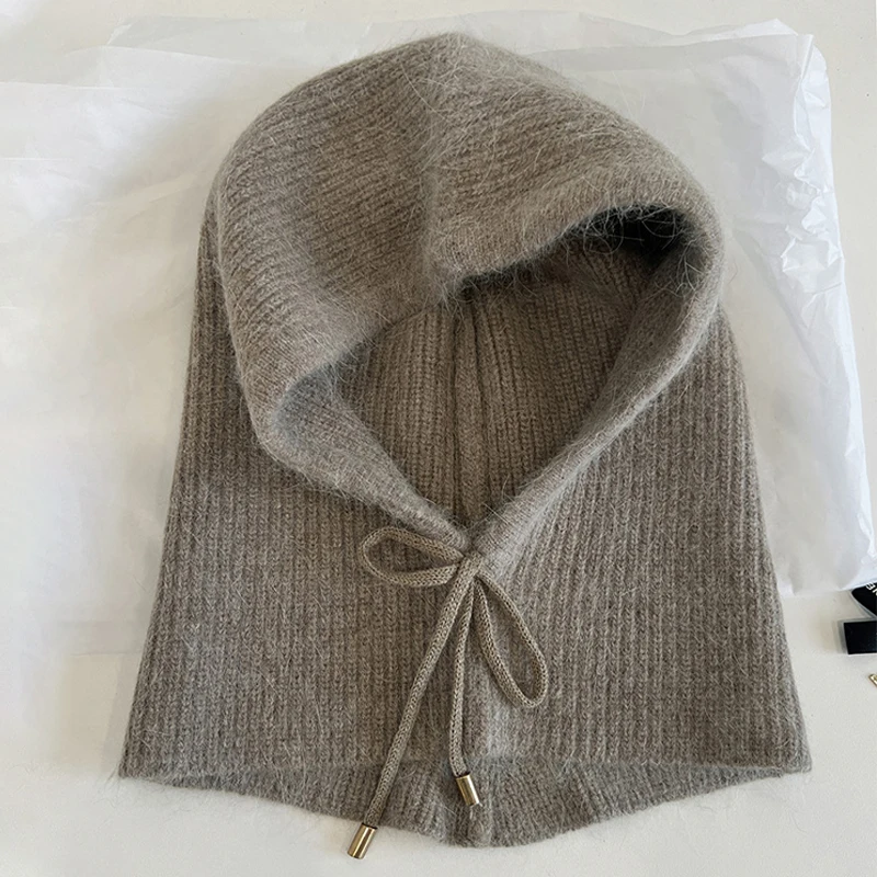 Women Winter Balaclava Knitted  Hats Unisex Hooded Caps Men Outdoor Warmer Drawstring One-Piece Beanies 4