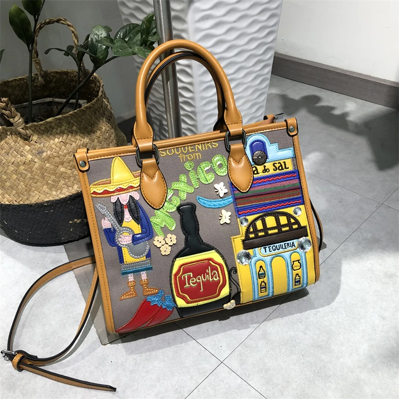 

Women Bags Canvas Embroidery Purse Handbag Shoulder Bags Cross Body Messenger Bag Totes Braccialini Style Art Mexican Landscape