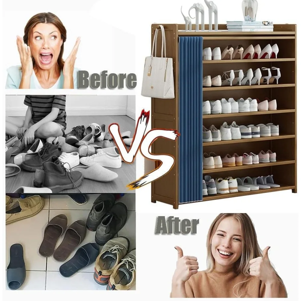 Bamboo Shoe Rack with Door Curtain, Portable Shoe Storage Organiser with 2 Hooks Heightened Bottom Easy Assembly Shelf Organiser