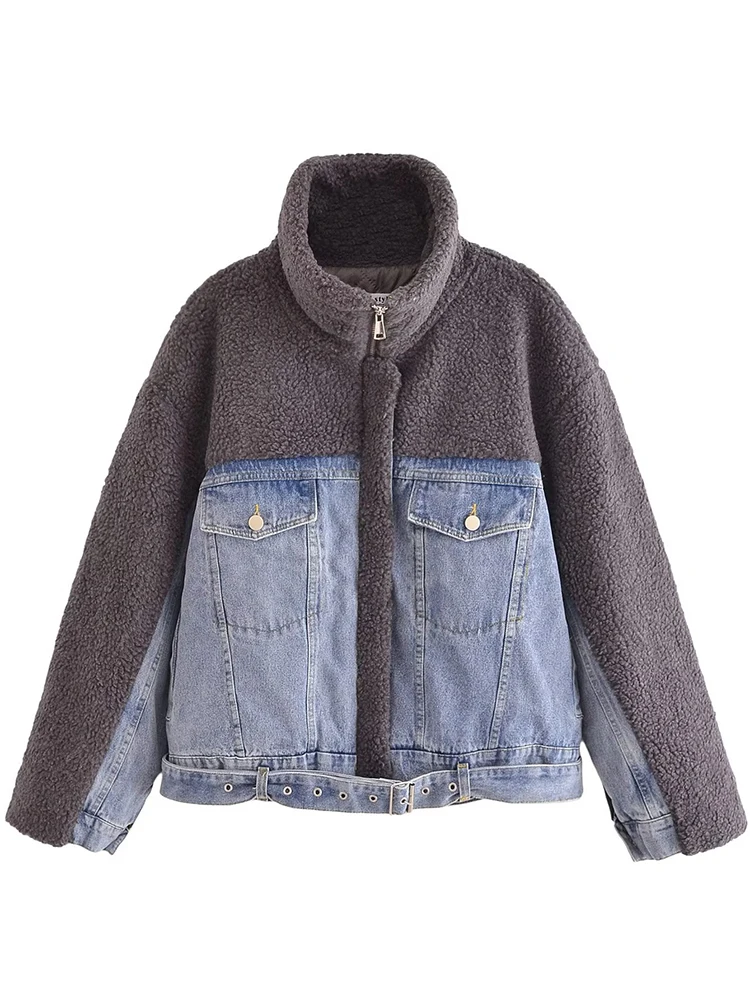 

YENKYE 2023 Women Vintage Denim Patchwork Lambswool Jacket Long Sleeve Front Zipper Female Autumn Winter Warm Coat