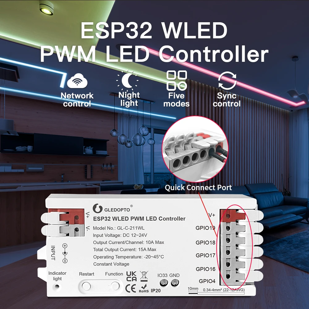 Gledopto WLED PWM Dimming LED Controller DC12-24V RGBCCT RGBW RGB WWCW CCT Dimmer 5 โหมดใน 1 Analog LED Strip Light 1