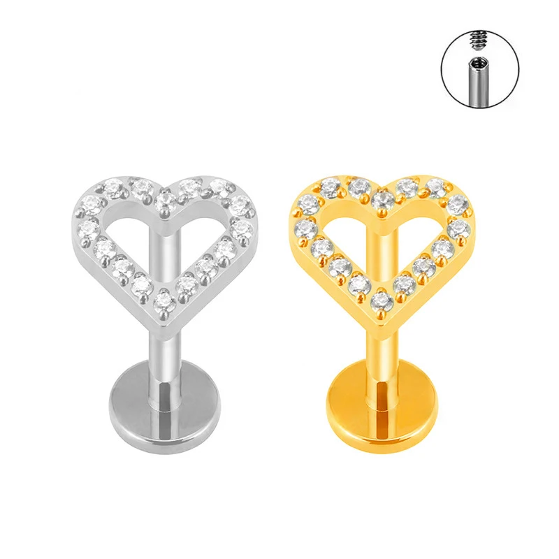 1PC ASTM F136 G23 Titanium CZ Heart Stud Earring Internally Threaded Piercing Labret Stud Tragus 16G Piercing Jewelry Wholesale 4