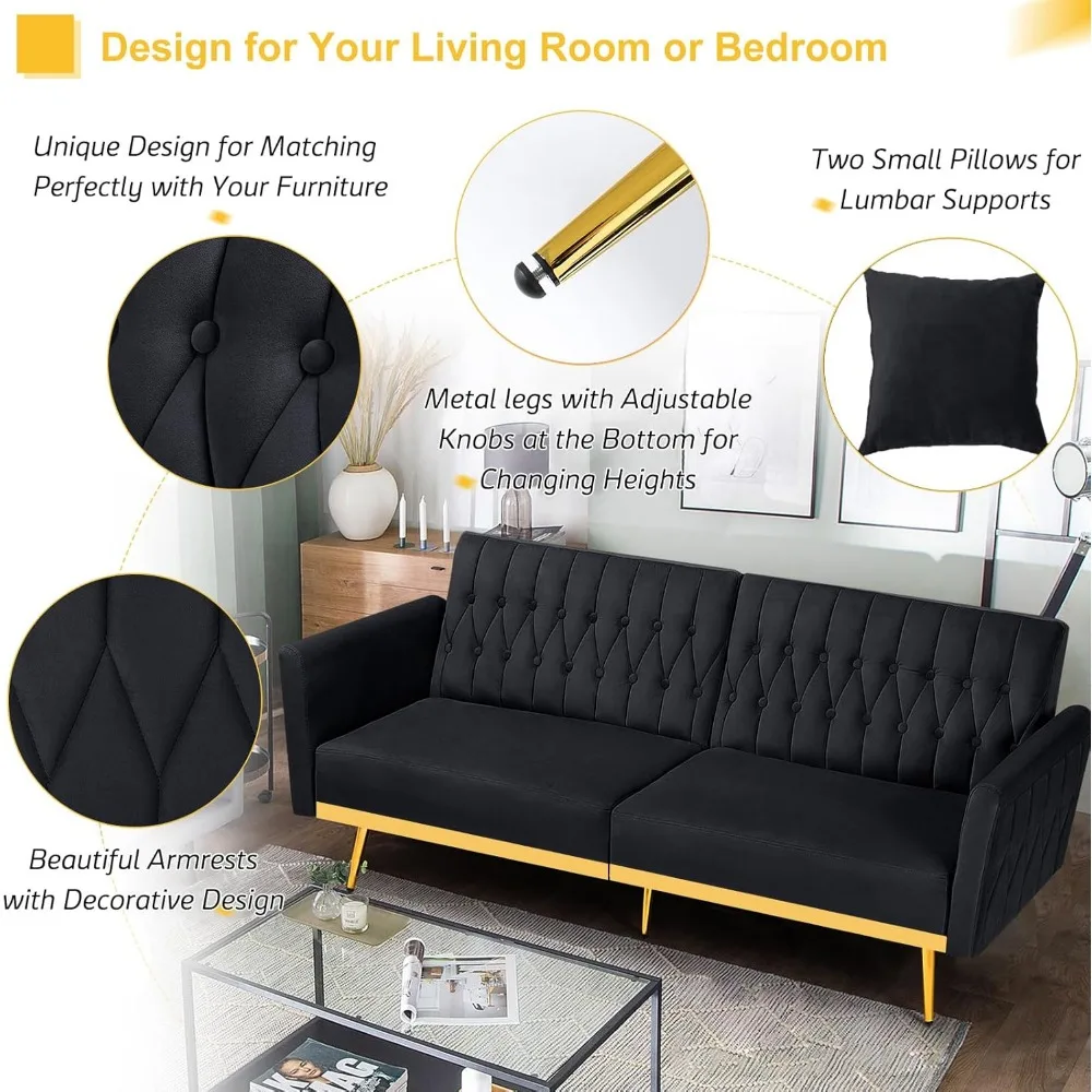 70” Velvet Futon Sofa Bed with Pillows – Convertible Loveseat Sleeper with Adjustable Backrests & Armrests 5