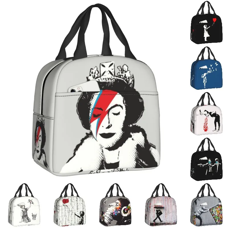 

England Queen Elisabeth Banksy Graffiti Insulated Lunch Bag for Women Leakproof Thermal Cooler Bento Box Work Picnic Lunch Tote