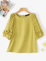 ZANZEA 2025 Summer Women Ruffled Blouse 3/4 Lantern Sleeve Tops Shirt Korean Fashion Round Neck Tunics Casual Loose Blusas Femme - Image 4