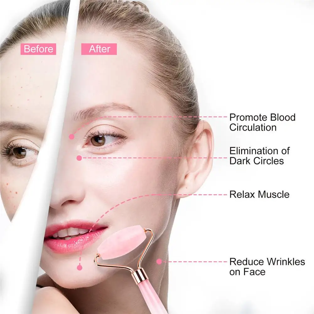Rodillo de Jade para cara y Gua Sha – Rodillo de cuarzo rosa para rostro –  100% jade real – masajeador facial para arrugas, antienvejecimiento –