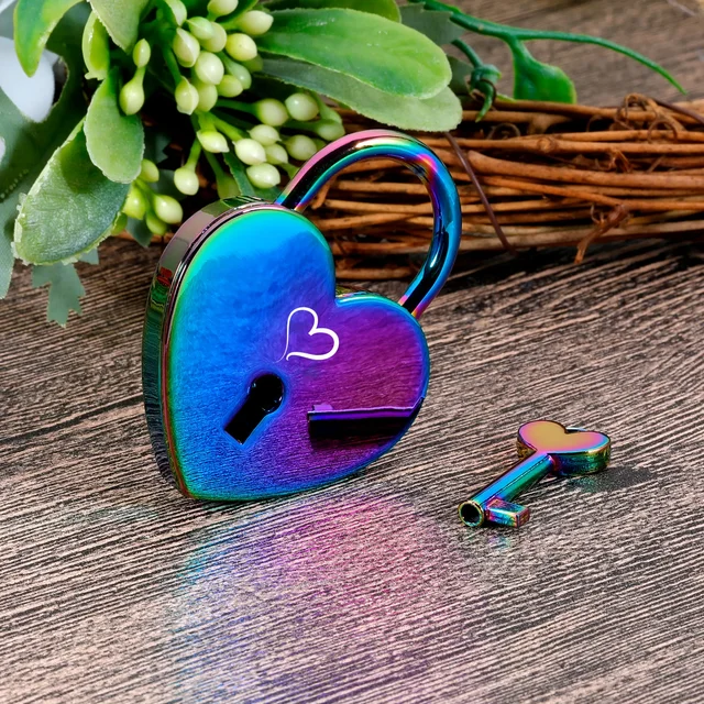 Personalized Couples Rainbow Heart Padlock Engraved Name Date Love Lock with Key for Her Him Valentine's Day Anniversary Gifts 5
