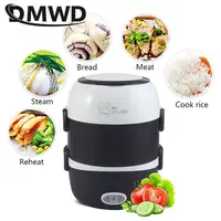 DMWD Mini cuiseur à riz électrique 2/3 couches revêtement en acier inoxydable chaudière à œufs portable cuiseur vapeur chauffe-plats boîte à déjeuner multicuiseur 2L 3
