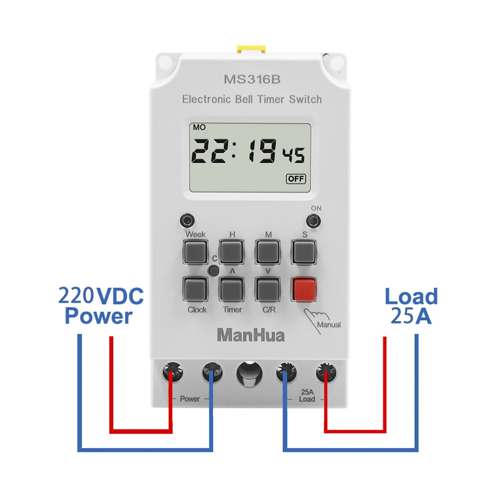 ManHua MS316B 220V 25A 68 ON Programmable Timer Switch School Bell Time Controller 5
