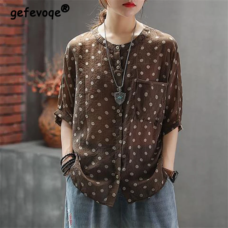 2023 Summer Polka Dot Printed Loose Casual Blouse Women's Short Sleeve Pure Cotton Vintage Pullovers Ladies Round Neck Shirt Top