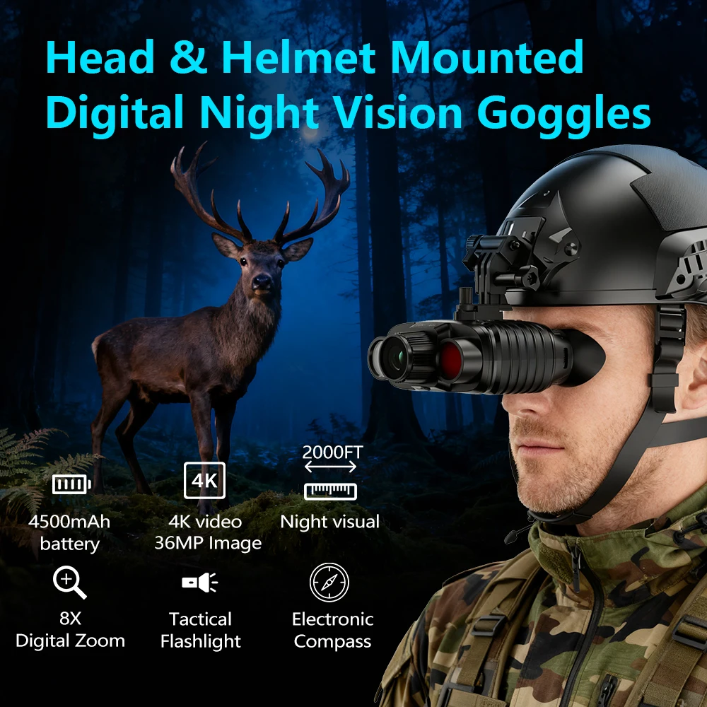 Head&Helmet Mount 4500mAh Rechargeable Night Vision Goggles Full Color Night Vis