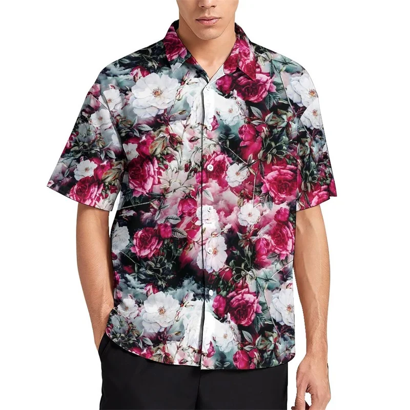 thumbnail image 1 of Camisas casuales con estampado completo de rosas en 3D y flores para hombre, camisas y blusas hawaianas de manga corta con botones para playa, ropa de calle de verano, 1 of 5