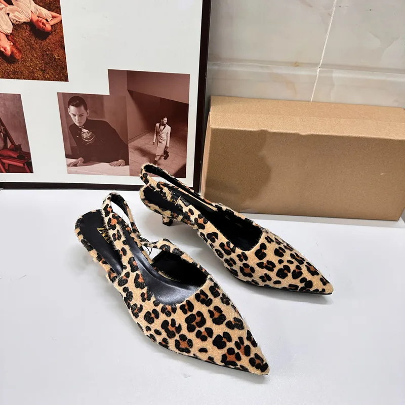 TRAF Women's Flat Bottom Slingback Sandals Leopard Pointed End Woman Mules Autumn Fashion Animal Print Low-heel Beach Shoes