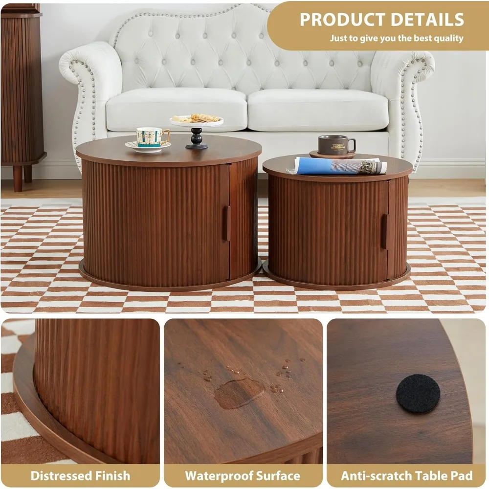 Modern Round Coffee Table Set of 2 with Storage Compartment and Sliding Door, Side End Accent Table for Living Room, Bedroom 6
