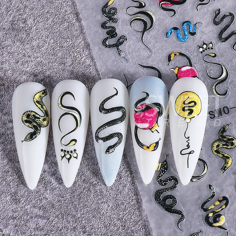  2pcs Halloween Nail Stickers Y2K Snake Moon Spider Web Crow Skull Rose Textured Nail Decals Sliders DIY Manicure Decoration