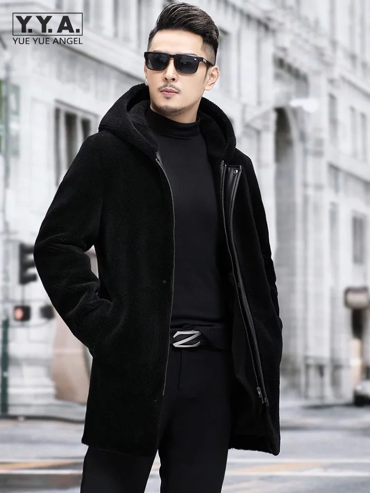 

Business Casual Outerwear Mens Sheep Shearing Long Coat Winter Real Wool Overcoat Fashion Zip Slim Fit Men Hooded Wool Jacket