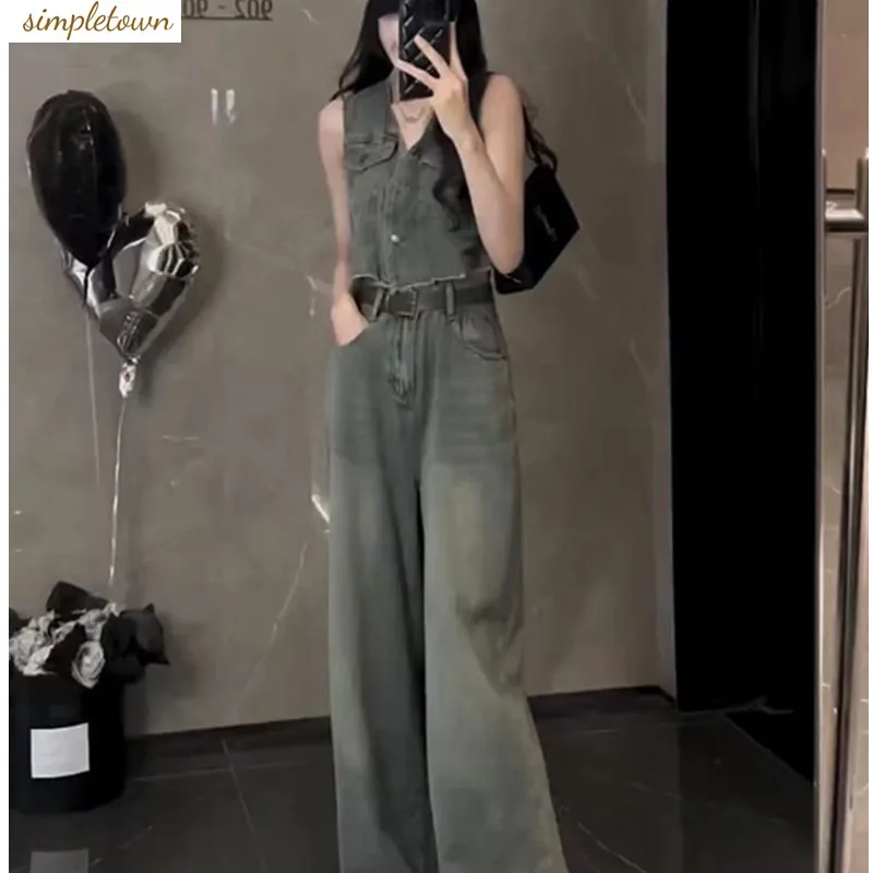 Fashion Korean Version Denim Summer Set with Retro Sleeveless Vest Vest Vest and High Waisted Wide Leg Pants Two-piece Set women casual solid lace bow off shoulder strap jumpsuits fashion summer pirnt embroidery romper retro loose sleeveless bodysuit