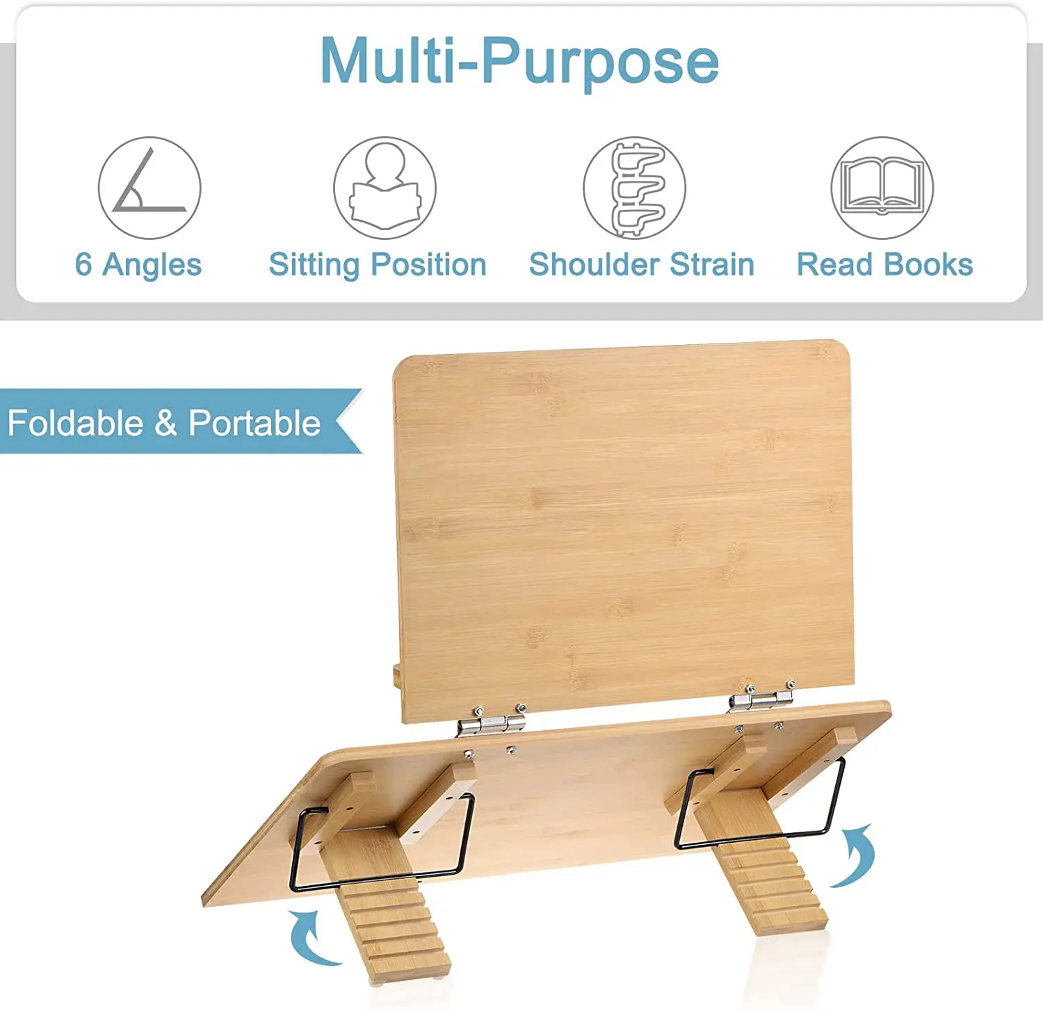 독서용 대나무 책 스탠드, 대형 이중 레이어 학생 책 거치대, 휴대용 스탠드, 높이 6 개 조절, 핸즈프리 독서