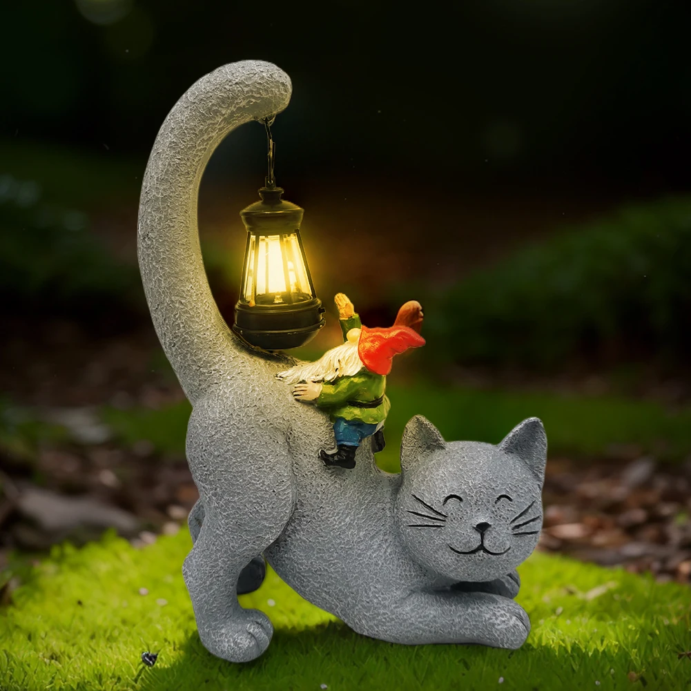태양열 고양이 정원 입상 조명, 태양열 LED 조명, 귀여운 고양이, 그놈 야외 태양광 조명, 파티오 발코니 마당 잔디
