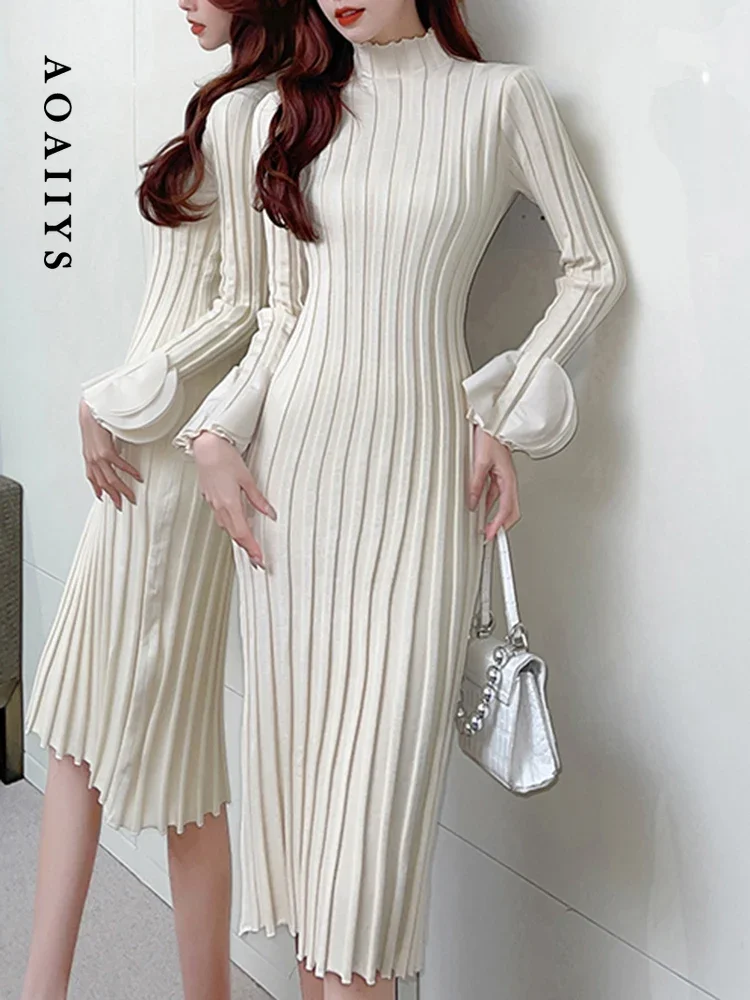 

Aoaiiys Dresses for Women Dress 2023 Autumn Winter Slim Basic Knitted Turtleneck Solid High Waisted Dresses Mid-Calf Clothing