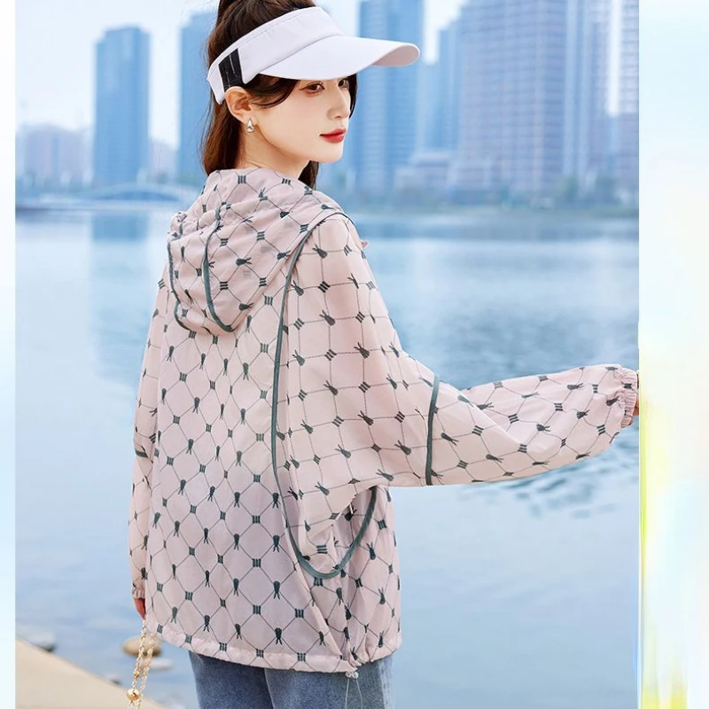Outdoor Sweatshirt Women Jacket Summer Sun Protection Clothing Jacket Zipper Long Sleeve Hooded Coats Printed Lightweight New
