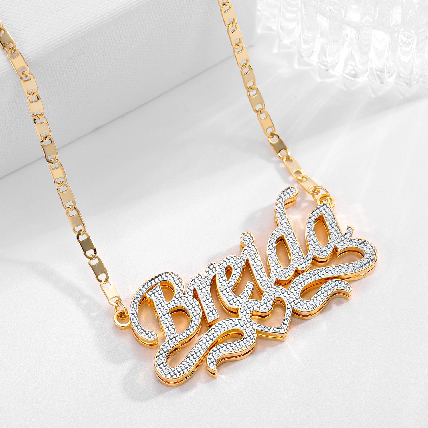 Two Tone Double Layer Heart Nameplate Pendant Custom 18KGold Plated Stainless Steel Name Necklace Personalized Jewelry Gift Wome