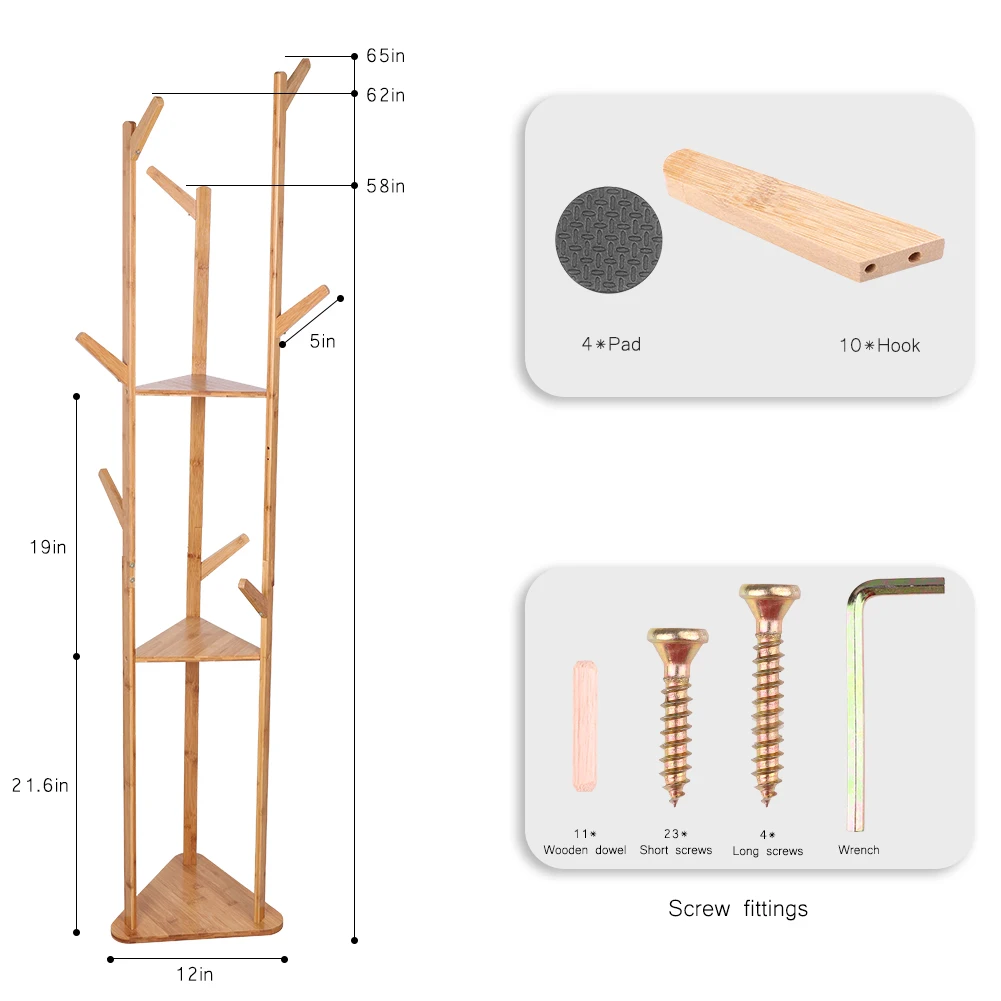 Bamboo Coat Rack Tree Cloth Hanger 9 Hooks 3-Layer Shelf Stand Hallway Living Room for Hat,Clothes,Scarves,Handbags,Umbrella