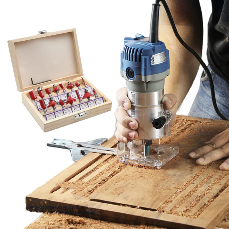 Wood Router Kit 15pc 1/4" Collets Router Bits 600W 110/220V Laminate Milling Engraving Hand Machine Carpentry Slotting Tool