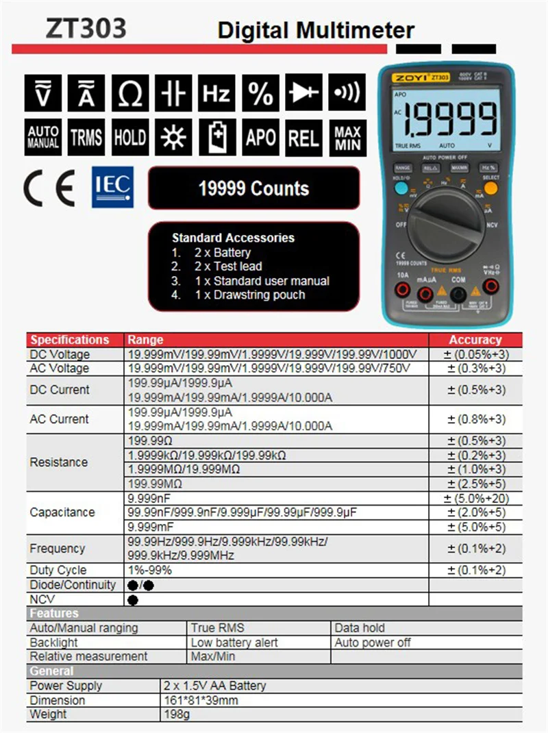 ZOYI Digital Multimeter 19999 High precision True RMS Auto Range Ammeter Voltmeter Smart Capacitor Temperature NCV Ohm Hz Tester 6