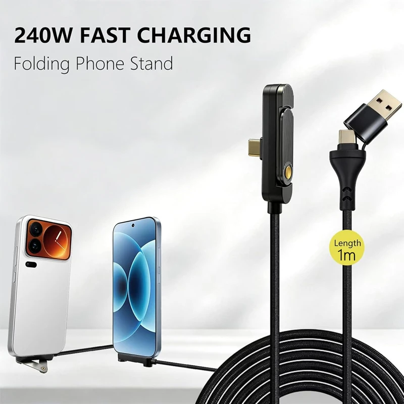 240W High-speed Charging Data Line Right Angle PD USB Type C To Type-C Cable with Built-in Phone Stand for IPhone Samsung Xiaomi 6