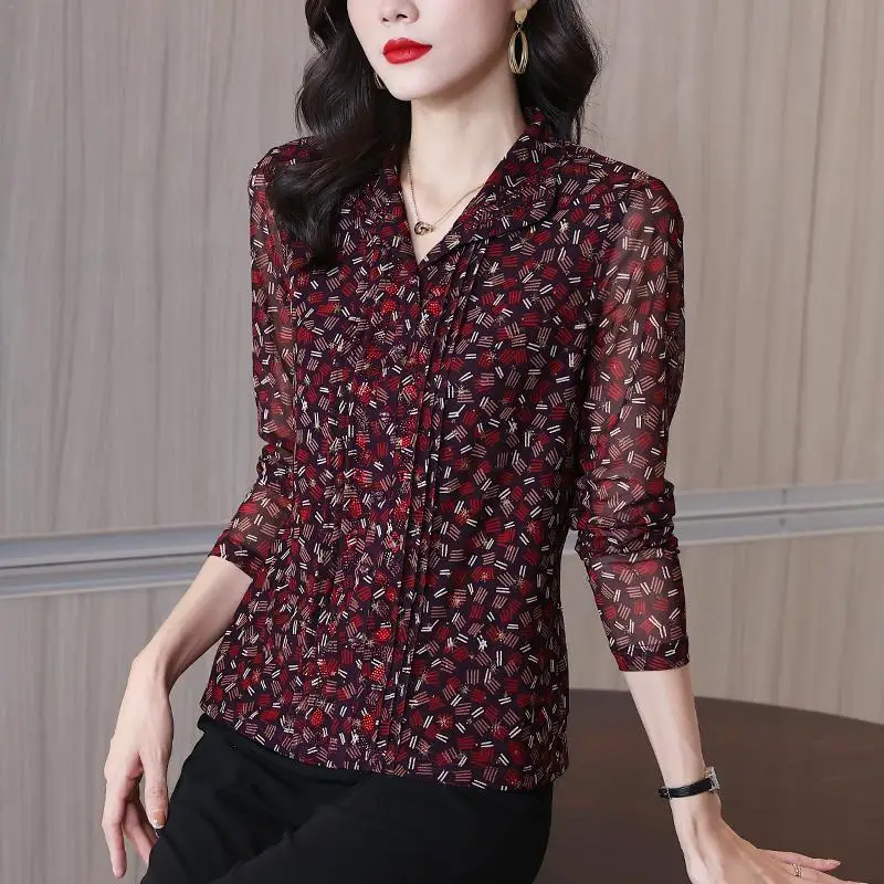 여성용 V넥 단추 프린트 풀오버, 루즈핏 긴팔 하의 셔츠, 우아한 캐주얼 통근 상의, 용수철 및 가을 패션