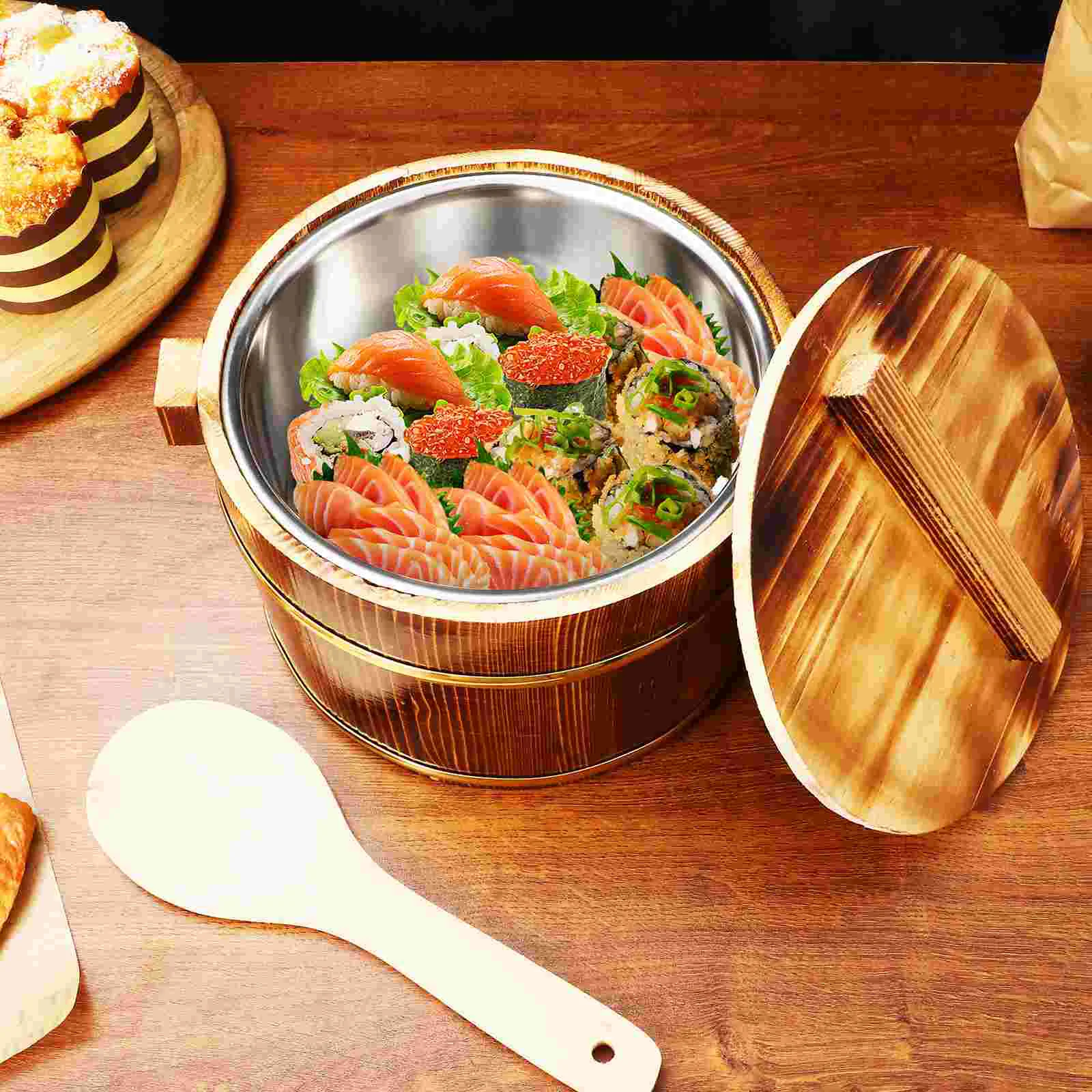 

Rice Barrel Sushi Bucket with Lid Cooking Steamer Cooling Bowl Wooden Food Containers Lids