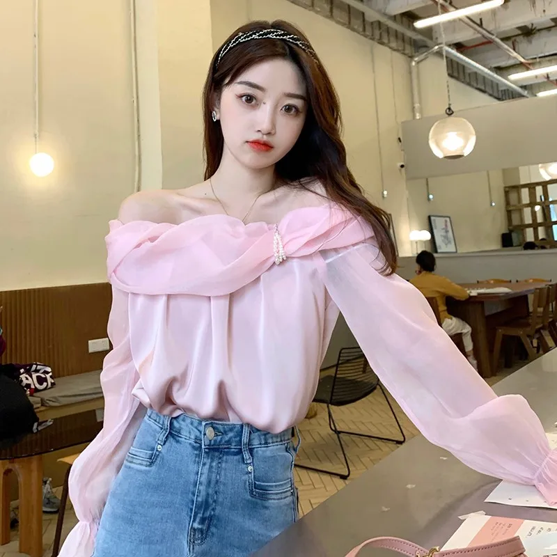 

2022 New Arrival Korean Style Summer Women Casual Long Sleeve Slash Neck T Shirt All-matched Sweet Slim T-shirt V345
