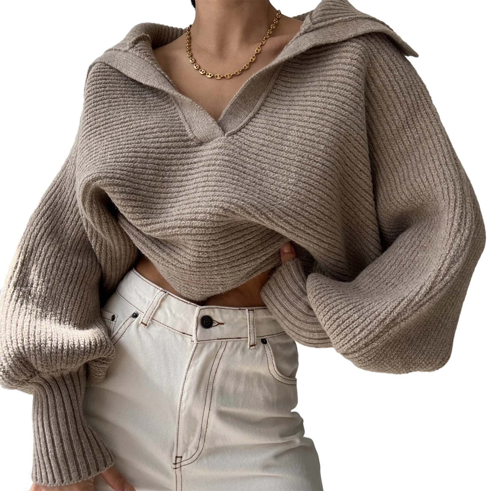 

Women's Winter Loose Knit Sweater Solid Color Long Sleeve Pullovers Spring Fall Turn-Down Collar Casual Jumpers Streetwear Top