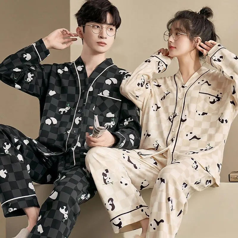 커플 잠옷 100% 면 2023, 여성 잠옷, 가을과 봄 v넥 버튼 가디건, 라운지웨어, 여성 및 남성 잠옷