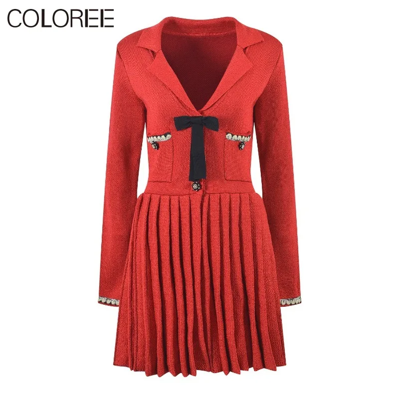 

New Year and Christmas Dress 2023 Autumn Runway Designer Elegant Bow Red Knitted Sweater Dresses for Women Ropa De Mujer