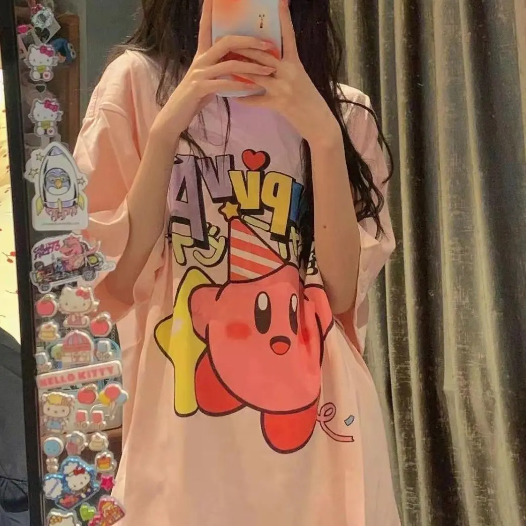 

Cute Cartoon Anime T-Shirt Female Harajuku kawaii Girl Pink College Casual Loose Cozy Cotton Tops Student Clothes Summer