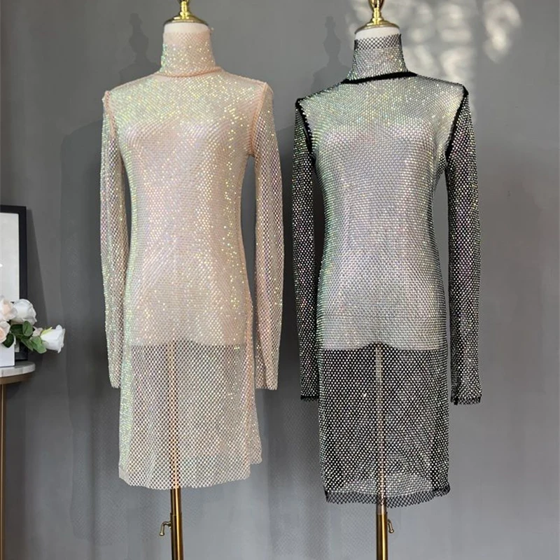 Elegantes Transparentes Strass-Netzkleid für Damen Langarm Hochgeschlossen Glitzerndes Durchsichtiges Partykleid – Detail 1