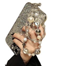 Elegant Double Pearl & Crystal Cross Lanyard Phone Accessory (Double Chain)