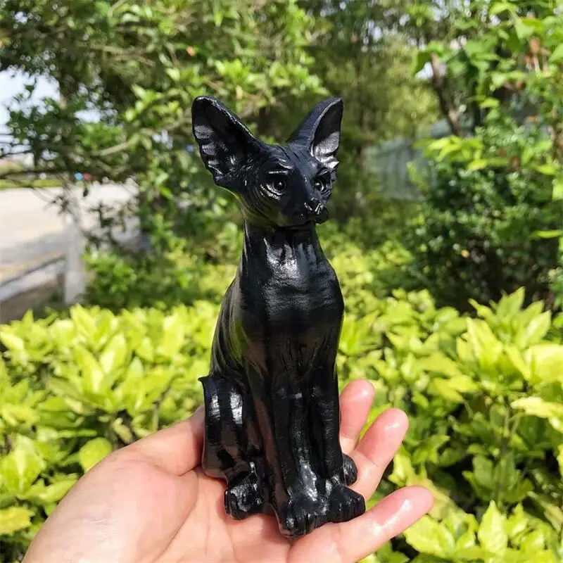 

15cm Natural Black Obsidian Cat Crystal Animal Carving Healing Healthy Children Toy Home Decoration Gift 1pcs