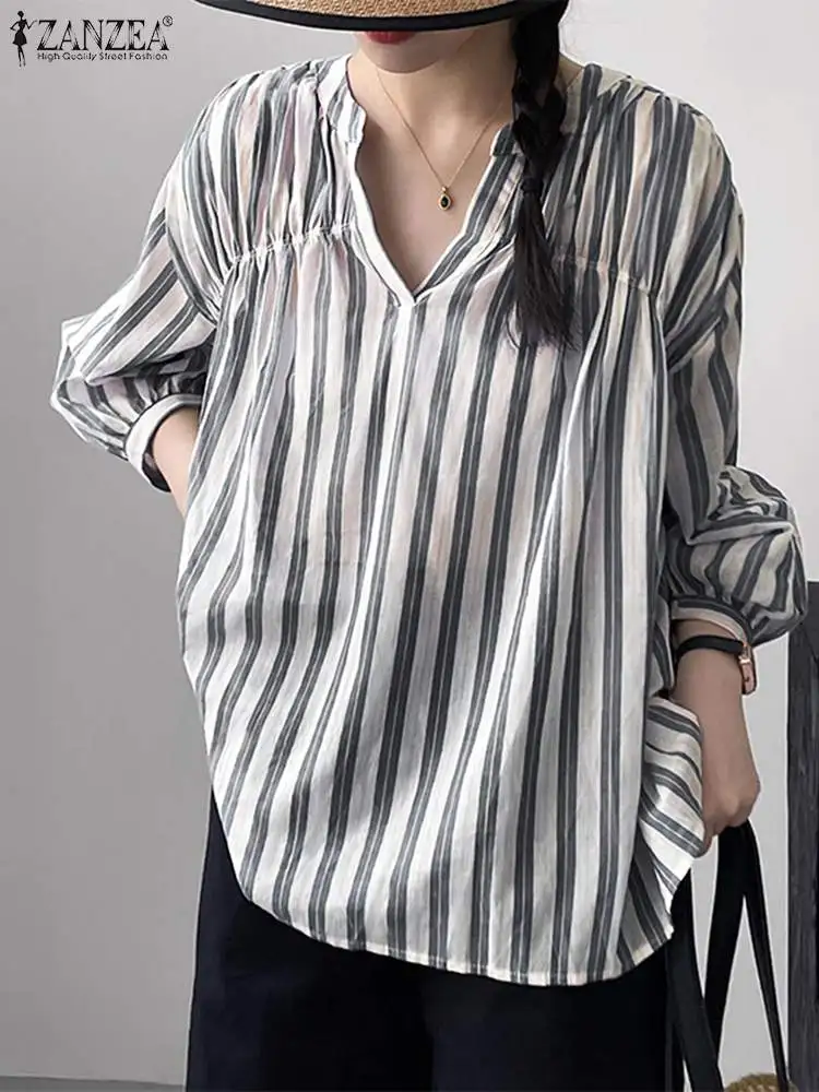 

ZANZEA Bohemian Casual Blouse Fashion Stripe Printed Shirt Autumn Puff Sleeve V-Neck Tunic Tops Woman Elegant Holiday Chemise