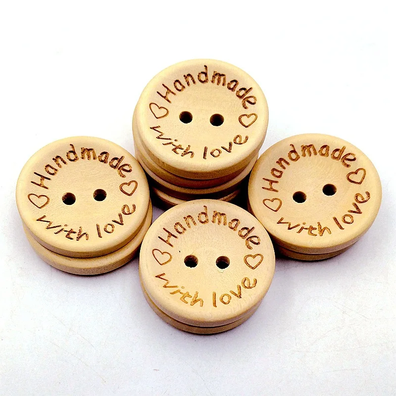 50pcs Wooden Buttons 15/25mm Round Simple 2-hole Buttons "Handmade with Love" Clothing Accessories